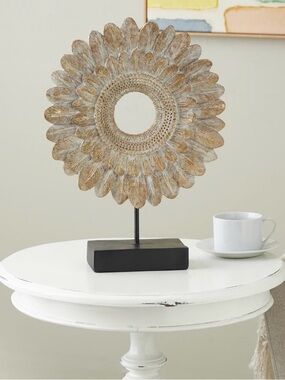 Boho Home Decor Flower/  Cream Resin Feather Ring Sculpture 12" x 4" x 17" Home